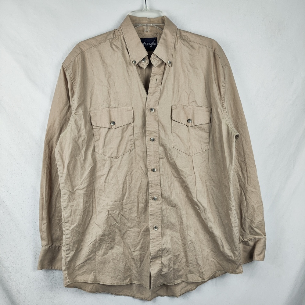Wrangler Shirt Mens Large Beige Solid Western Snap Button Long Sleeve Casual